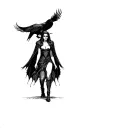 The Morrigan Goddess of Death, with a large crow behind her. Beautiful but terrifying. Wearing a dress with a cloak.  tattoo design idea