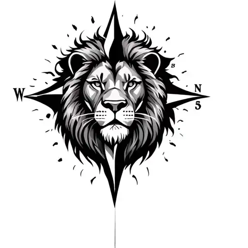 Black Background compass and lion tattoo design idea