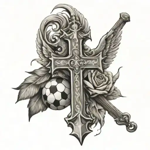 I want a cross and a soccer ball and angelic wings on the ball and the cross below and I would want Philippians 4:13  tattoo design idea