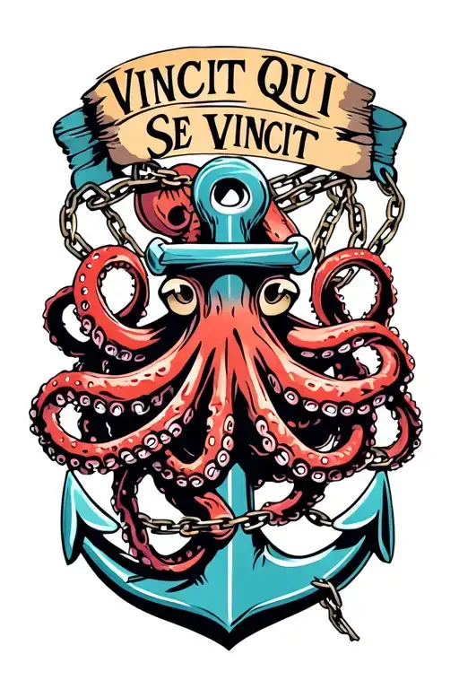 "Vincit Qui Se Vincit" "Vincit Qui Se Vincit" octopus wrapped around anchor with broken chain tattoo design idea