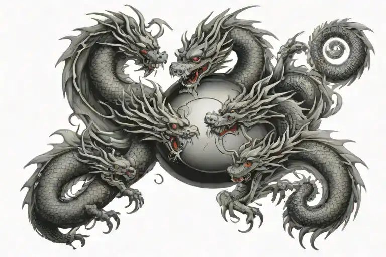 two japaneese dragons one evil, second kind between them sphere tattoo design idea