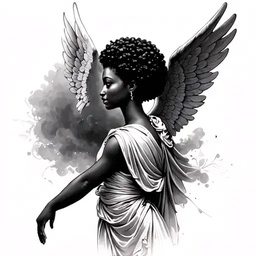 Black and grey realism. side profile. afro centric female angel with toga. Decending. on back and wings on upper arm tattoo design idea
