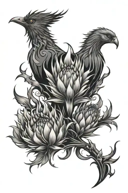 Tattoo composition Thistle, Phoenix, Fire, S, 21, Tech, Cyber tattoo design idea