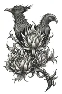 Tattoo composition Thistle, Phoenix, Fire, S, 21, Tech, Cyber tattoo design idea