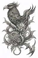 Tattoo composition Thistle, Phoenix, Fire, S, 21, Tech, Cyber tattoo design idea