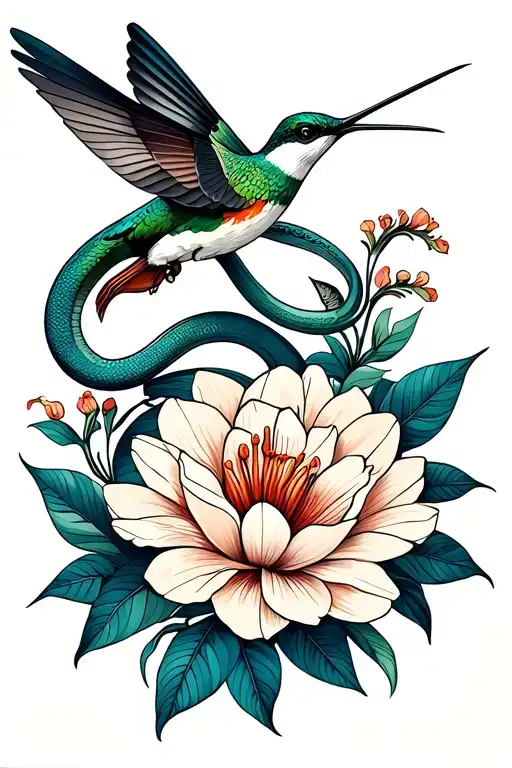 humming bird feeding on exotic flower with snake intertwined  tattoo design idea