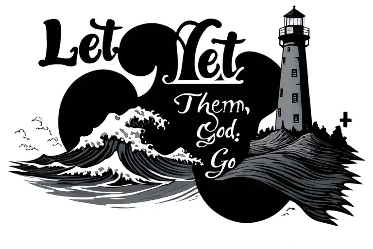 Text Saying "Let Them" "Let God" "Let Go" Drawings of waves, cross. snd lighthouse tattoo design idea