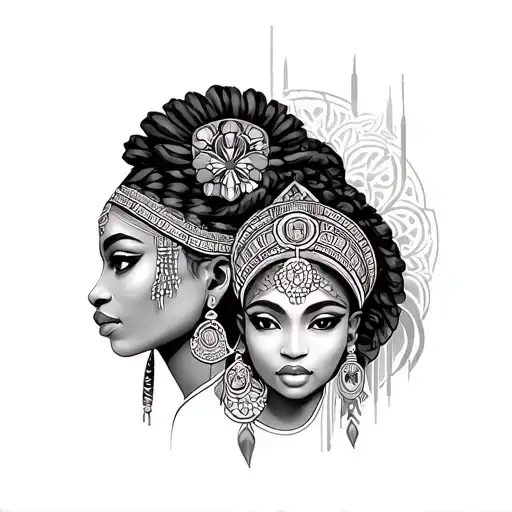 african goddess twin girl with virgo symbol  tattoo design idea