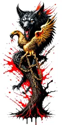 Fenrir breaking gold chains, linked into a poisoned tree and a Medusa and phoenix  tattoo design idea