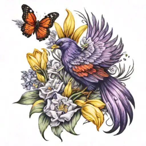 Tattoo of a purple and red phoenix with yellow tulips and butterflies  tattoo design idea