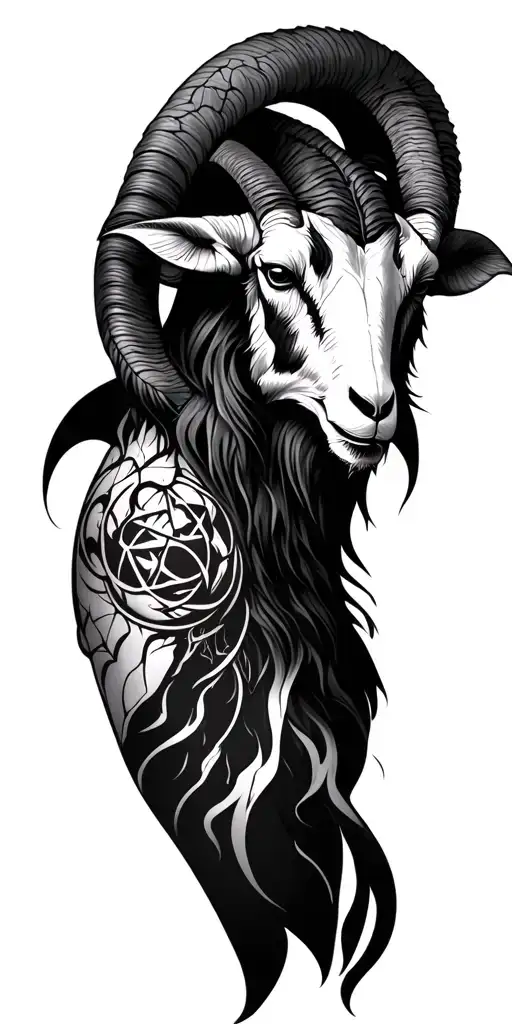 Black and grey occult tattoo sleeve design, left arm. Top shoulder: Goat head of Baphomet with a cracked black inverted  tattoo design idea
