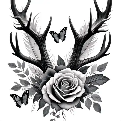 Turkey Feather antler , roses and butterflies  tattoo design idea
