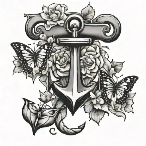 anchors with flowers and  hearts and butterflies  tattoo design idea