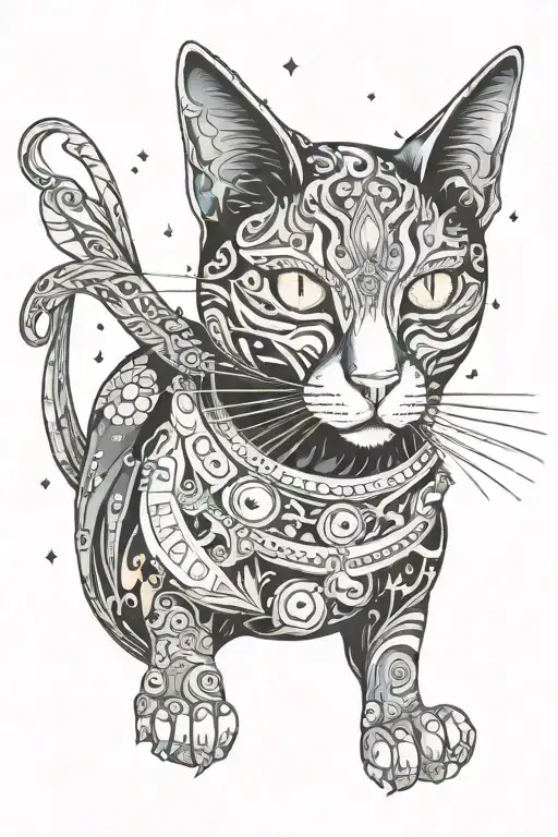 black cat trippy galactic witch craft tattoo design idea
