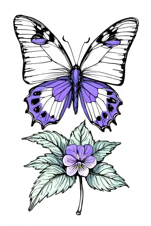 African violet and butterfly resting tattoo design idea