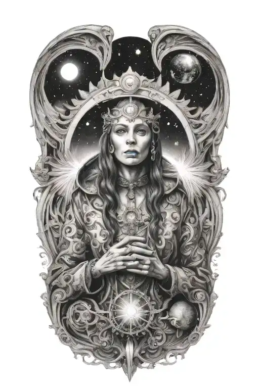 heaven opening her coat to reveal hidden galaxies tattoo design idea