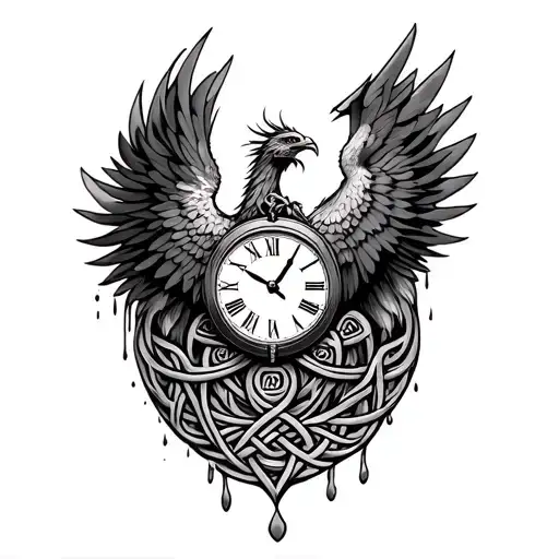 phoenix and a melting clock with a Celtic knot tattoo design idea