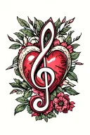 treble clef symbol, heart intertwined, AB initials inside tattoo design idea