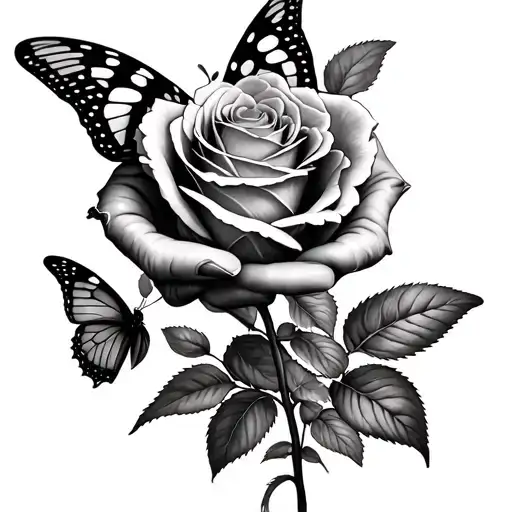 money rose with butterfly, surround hand tattoo realistic tattoo design idea