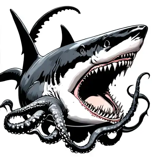 Shark with closed mouth attacked by a piovra with its tentacles tattoo design idea