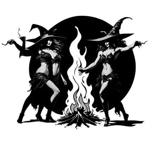 coven dance nude witches dancing around a fire tattoo design idea