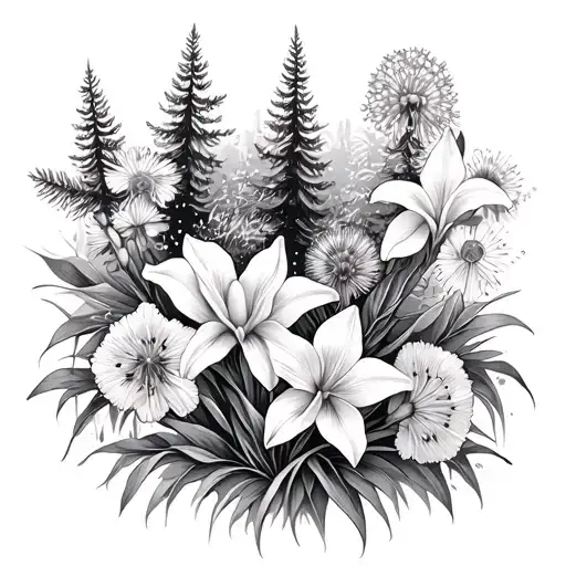 Large black and white front thigh tatto with lighting, pine trees, iris flowers, daffodils, dandelions, lily of the vall tattoo design idea