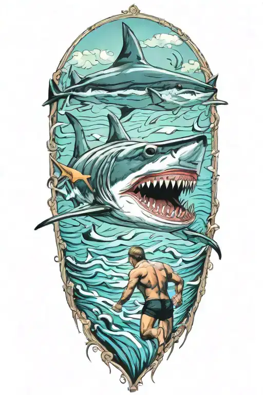 swimmer tranforming to a shark tattoo design idea