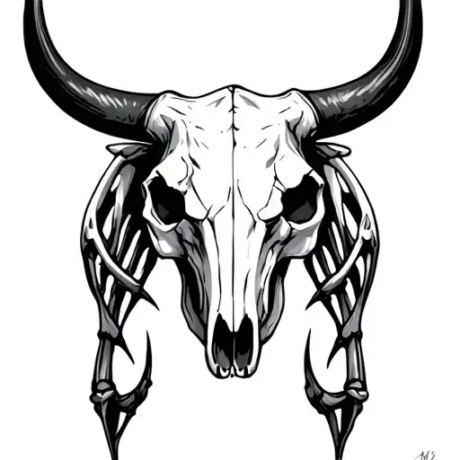 A myura bull skull in Gothic style, designed with deep lines and shadows in black ink. The bone structure of tattoo design idea