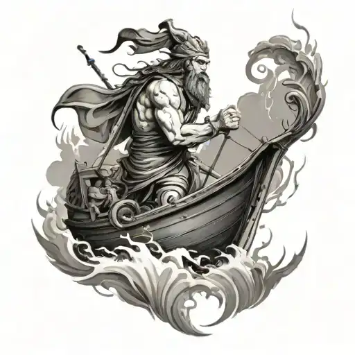 odysseus on a ship in a storm with lightning tattoo design idea