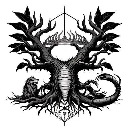 A magnificent tree with a big crown, in which scorpion and scales are sitting, at the trunk of a tree lion and Capricorn, a composition in the form of a rhombus tattoo design idea