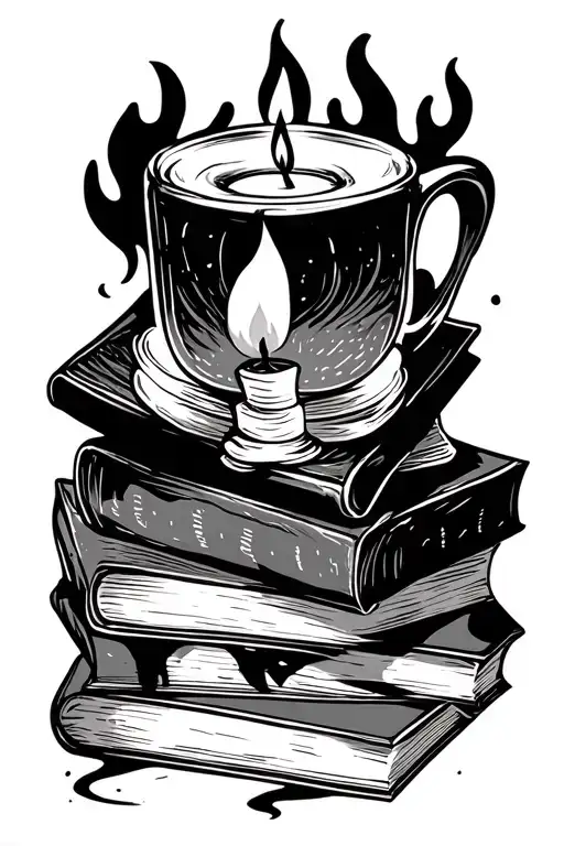 stack of books and candle flame tattoo design idea