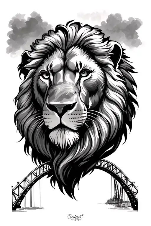 Lion head long mane with brisbane story bridge tattoo design idea