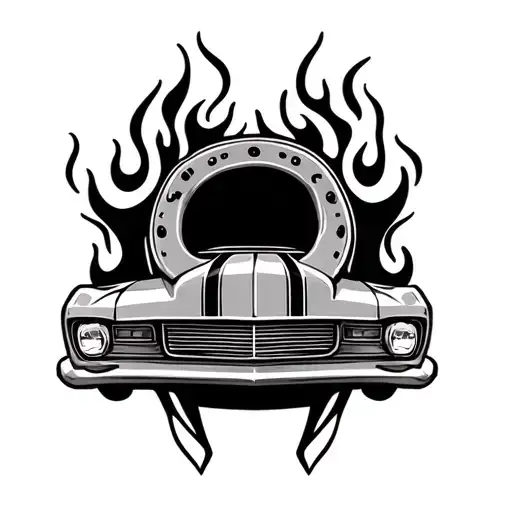 car pinstriping pattern with horseshoe on the top with flames around horseshoe tattoo design idea
