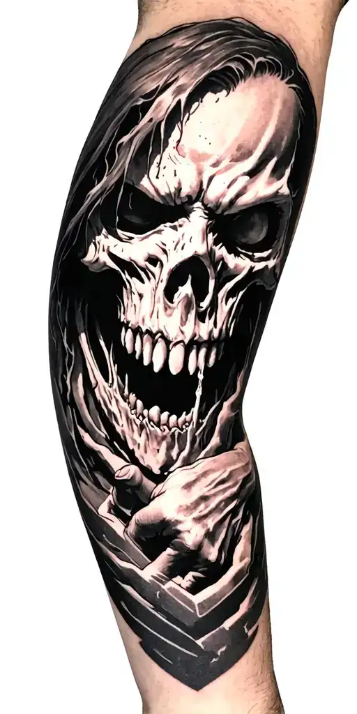 Arm tattoo sketch style starting  with the hand scary face like attack on titan or solo leveling forearm will have death tattoo design idea