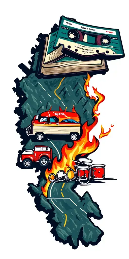 map with landmarks with road, mountains, trex fire truck, mountain bike drum set, cassette tape, book on fire, tattoo design idea