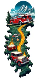 map with landmarks with road, mountains, trex fire truck, mountain bike drum set, cassette tape, book on fire, tattoo design idea