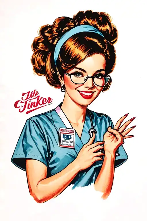 MRI tech pinup, scrubs, , messy bun, headband, glasses, cute,id badge, pretty, nails, smile tattoo design idea