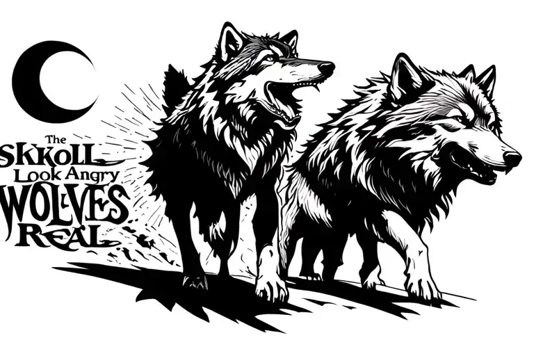 "The wolves look angry and real" Skoll and Hati chasing the sun and moon tattoo design idea