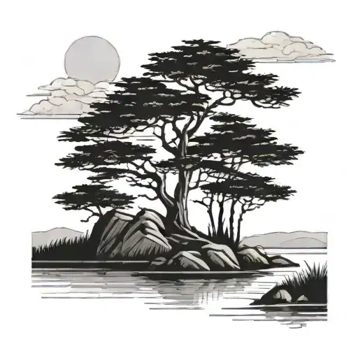 Single cypress tree by water natural tattoo design idea