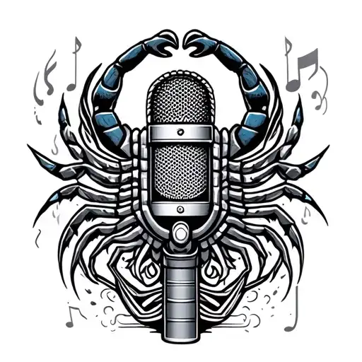 A detailed microphone surrounded by tribal patterns and a scorpion motif to represent a love for music and strength tattoo design idea