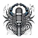 A detailed microphone surrounded by tribal patterns and a scorpion motif to represent a love for music and strength tattoo design idea