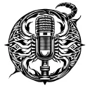 A detailed microphone surrounded by tribal patterns and a scorpion motif to represent a love for music and strength tattoo design idea