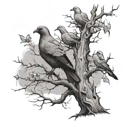 dead tree with 5 doves a crow perched on top the tree and 2 spiders  tattoo design idea