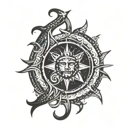 sagitarius, dark, tribal inspired design featuring, sun, moon, stars tattoo design idea