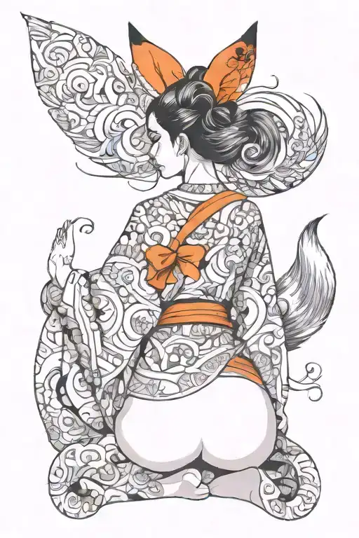Sexy Girl, big boobs, revealing kimono, big fluffy fox tail from butt, fox ears, petite, sexual Facial expression. tattoo design idea