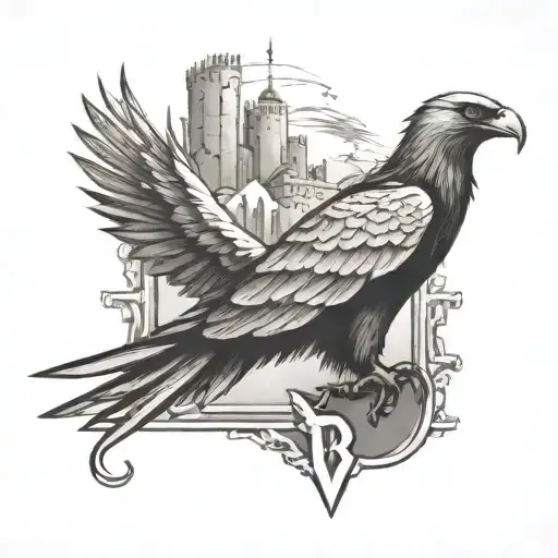 rook stylized as a tattoo, journey to the castle, eagle watching over small eagle, add a letter b  tattoo design idea