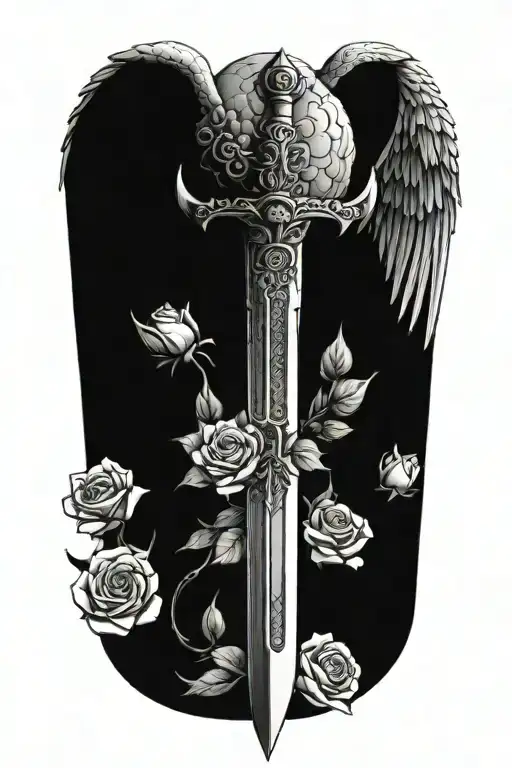 angel wings behind sword, roses tattoo design idea