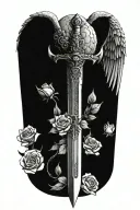 angel wings behind sword, roses tattoo design idea