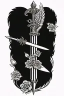 angel wings behind sword, roses tattoo design idea