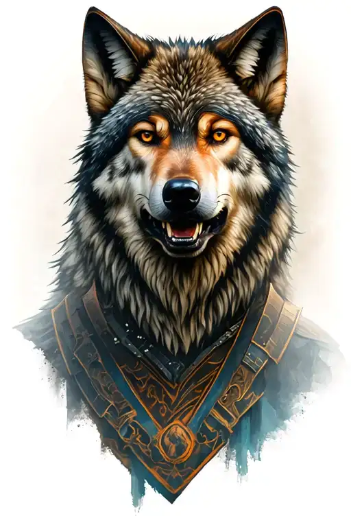 wolf on top, warrior face underneath tattoo design idea